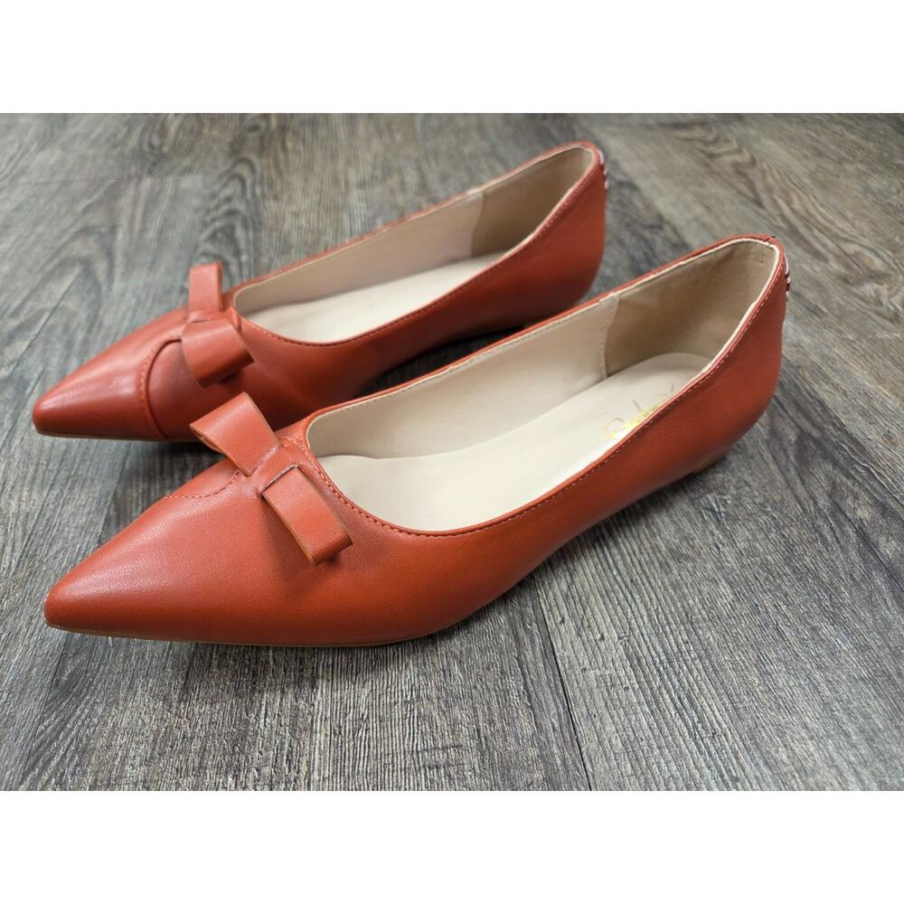 XYD Saddle Orange Bow Knot Flats Closed Pointed Toe Stacked Heel Flat Shoes 7
